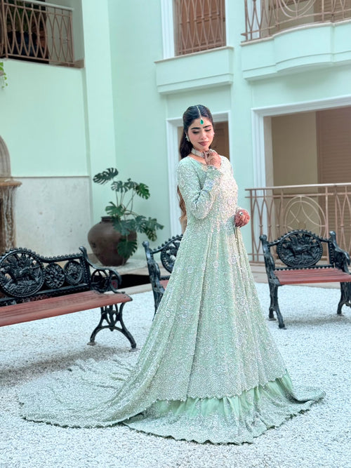 KANZARA Noor anarkali gown in pistachio green with silver thread work, full length with trailing hem