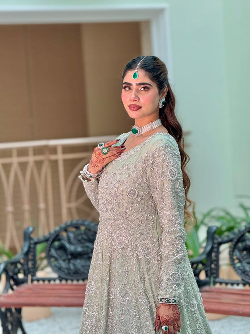 Close view of the silver thread and pearl work on the KANZARA Noor anarkali gown bodice and sleeves