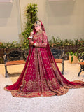 KANZARA Mehrunisa crimson bridal gown with gold zardozi, front-open panels and long trailing dupatta